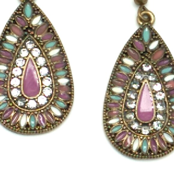 Vintage Mosaic Teardrop Earrings Rhinestone Dangle Boho - Picture 7 of 9